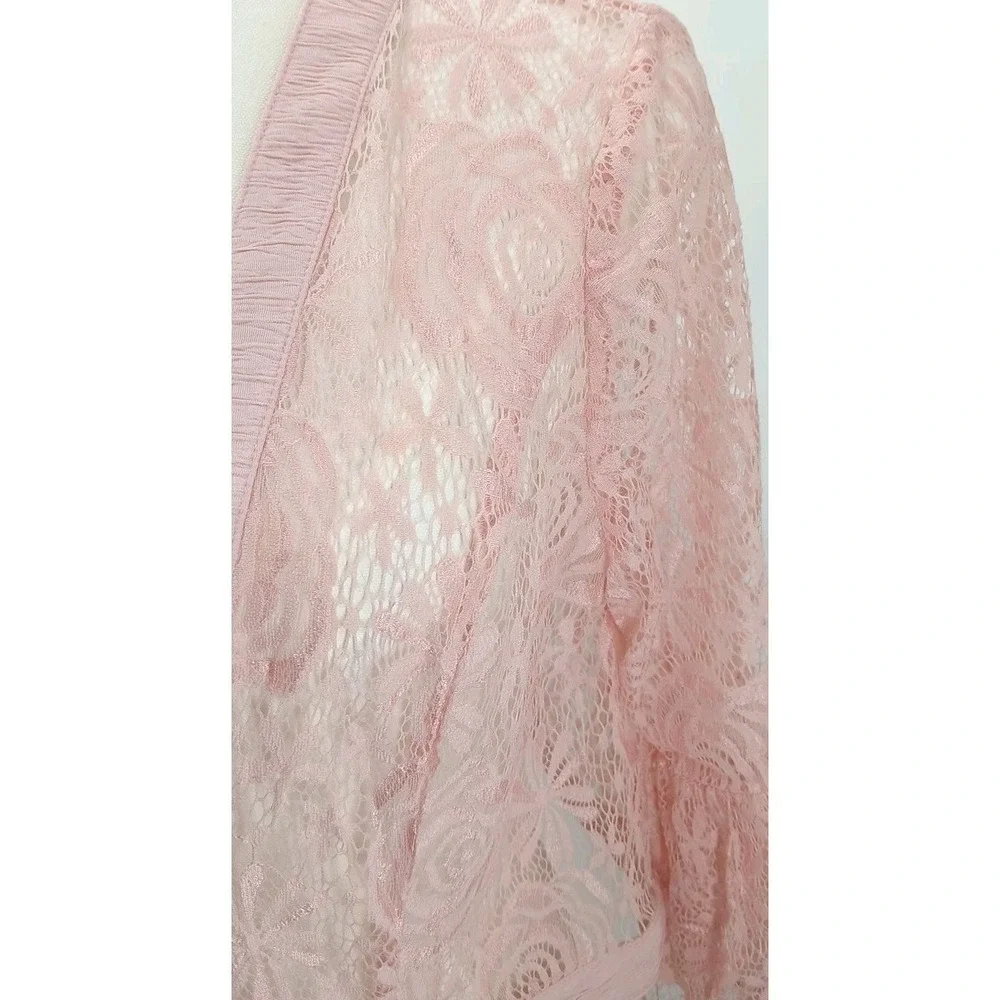 Pink Floral Rose Lace Ruffle Flared Sleeve Cardigan Tagless Size Med Valentines